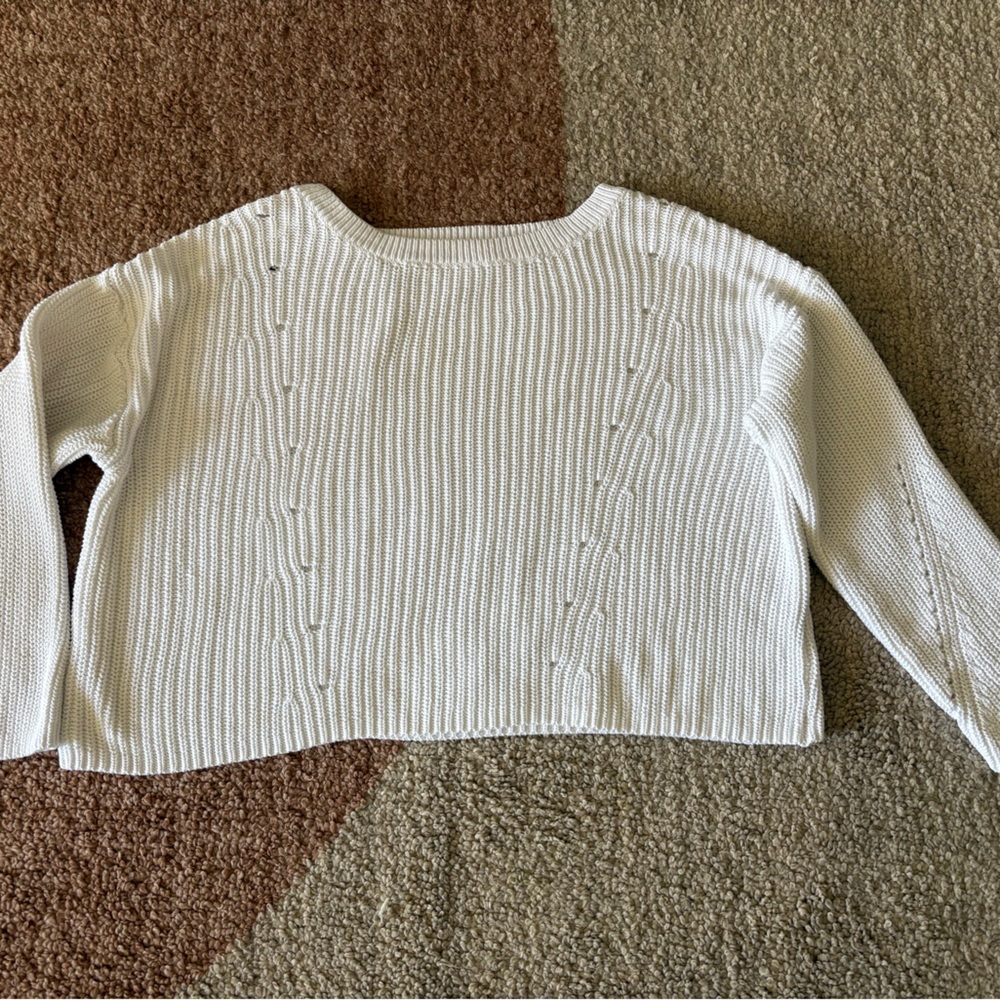 Rag & Bone White Ribbed Cotton Knit Sweater Oversized Eyelet Details L